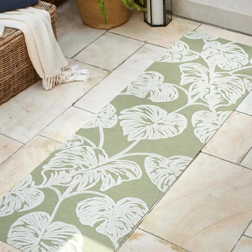 8' Light Green And Ivory Floral Indoor Outdoor Runner Rug Photo 5