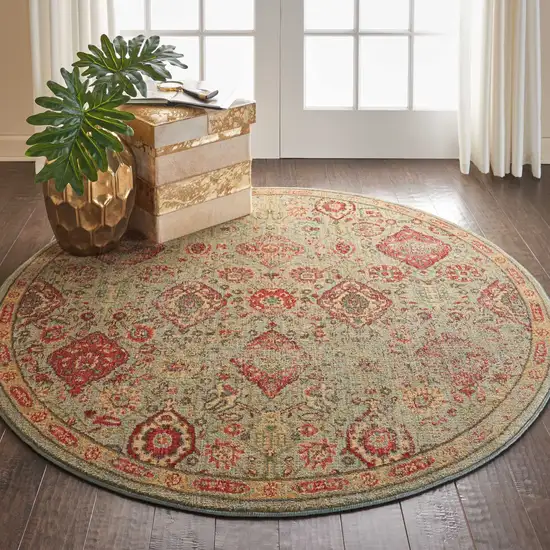 6' Light Green Tan And Red Floral Distressed Non Skid Round Rug Photo 7
