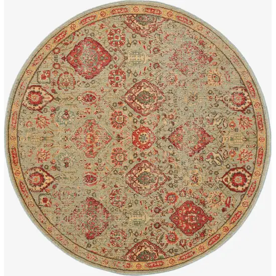 6' Light Green Tan And Red Floral Distressed Non Skid Round Rug Photo 2