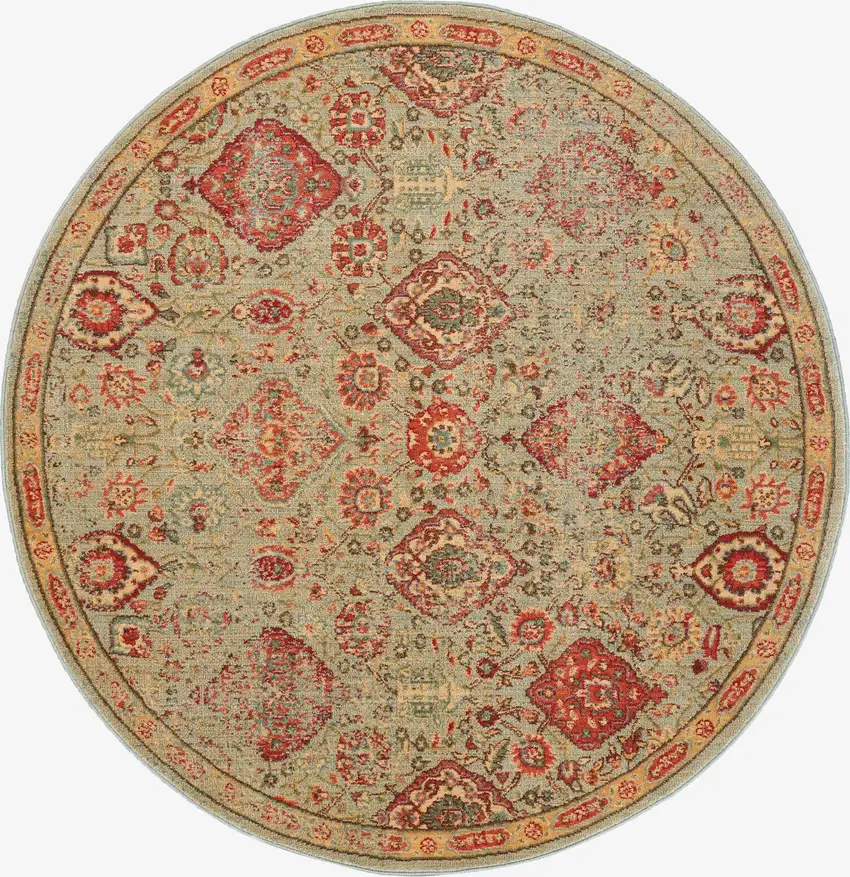6' Light Green Tan And Red Floral Distressed Non Skid Round Rug Photo 2
