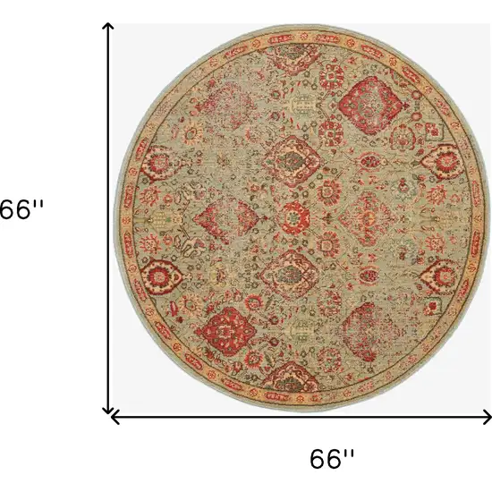 6' Light Green Tan And Red Floral Distressed Non Skid Round Rug Photo 3