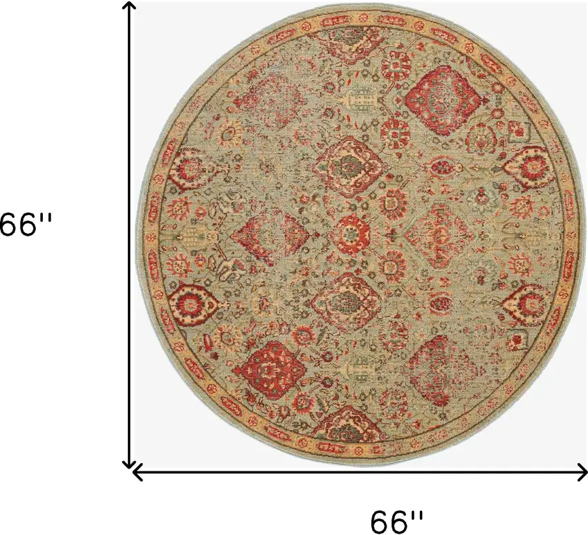6' Light Green Tan And Red Floral Distressed Non Skid Round Rug Photo 3