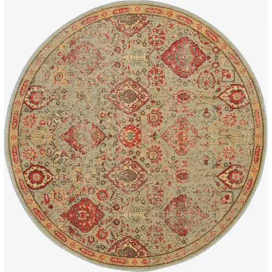 6' Light Green Tan And Red Floral Distressed Non Skid Round Rug Photo 4