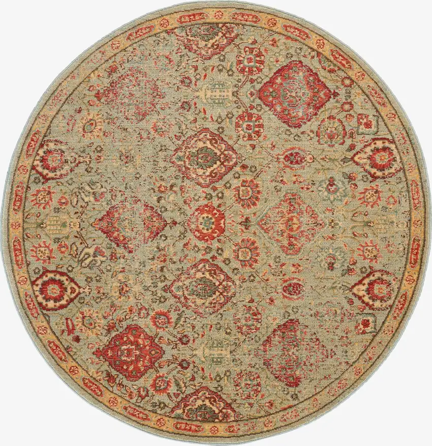 6' Light Green Tan And Red Floral Distressed Non Skid Round Rug Photo 4