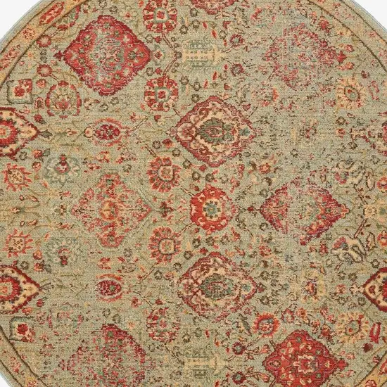 6' Light Green Tan And Red Floral Distressed Non Skid Round Rug Photo 3