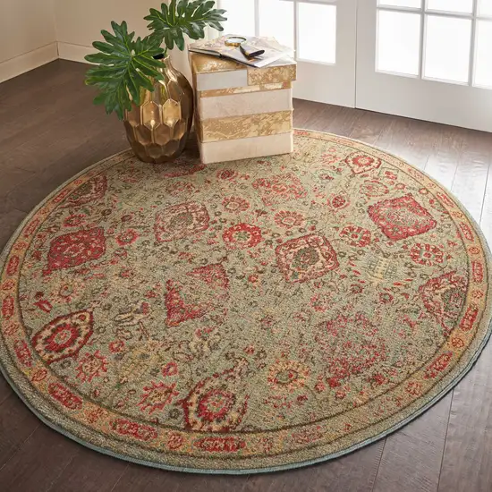 6' Light Green Tan And Red Floral Distressed Non Skid Round Rug Photo 5