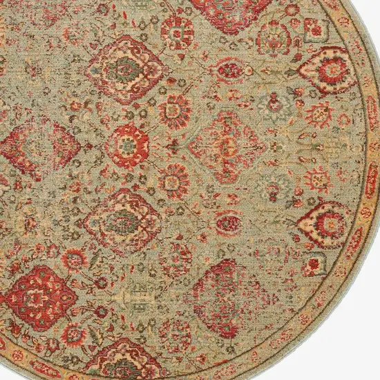 6' Light Green Tan And Red Floral Distressed Non Skid Round Rug Photo 8