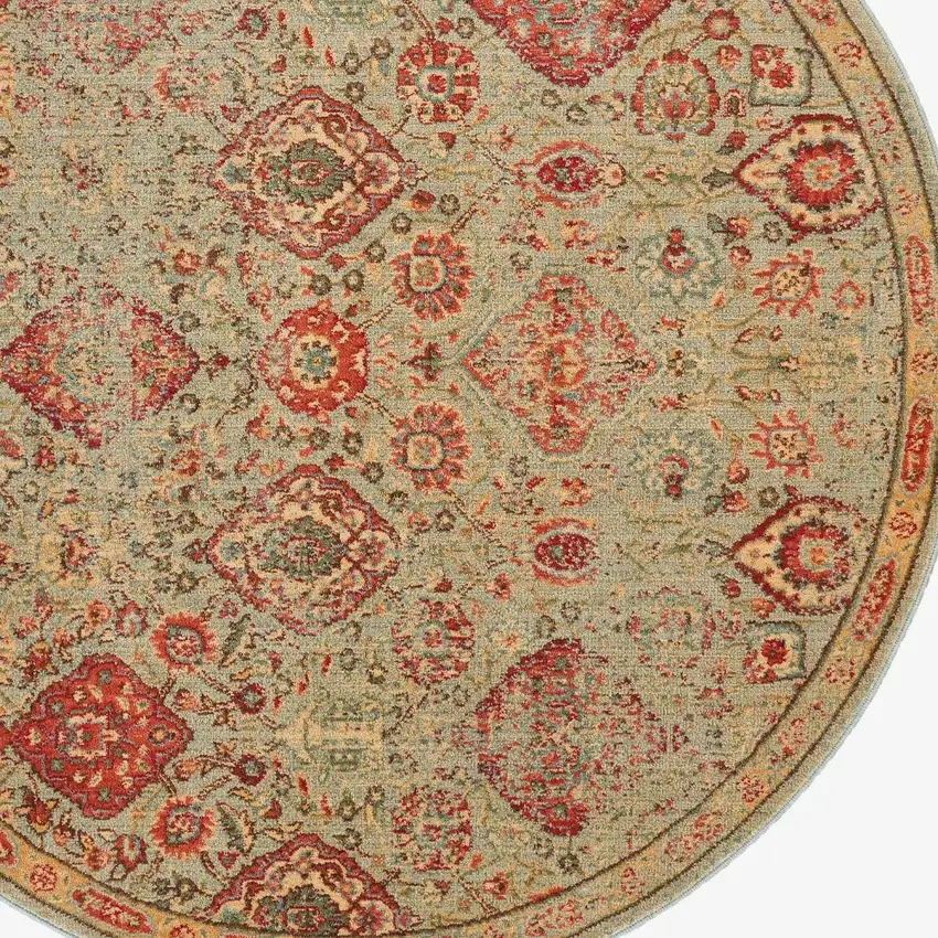 6' Light Green Tan And Red Floral Distressed Non Skid Round Rug Photo 8