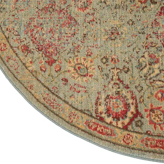 6' Light Green Tan And Red Floral Distressed Non Skid Round Rug Photo 9