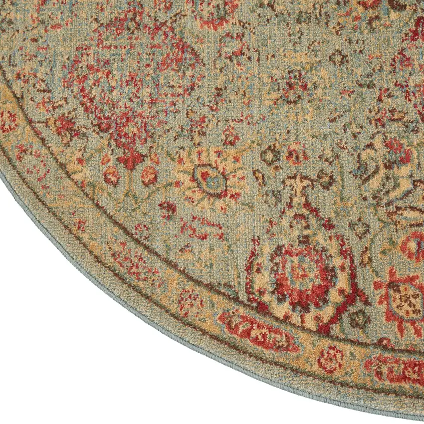 6' Light Green Tan And Red Floral Distressed Non Skid Round Rug Photo 9