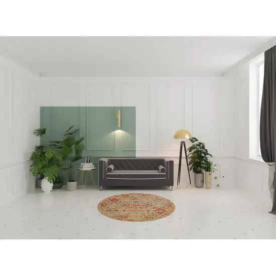 6' Light Green Tan And Red Floral Distressed Non Skid Round Rug Photo 1