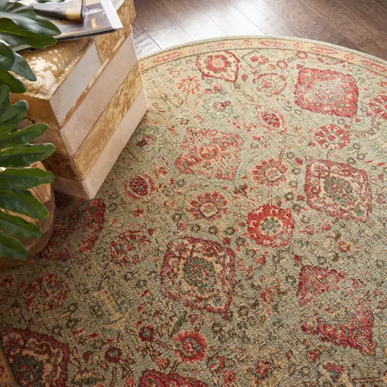 6' Light Green Tan And Red Floral Distressed Non Skid Round Rug Photo 6