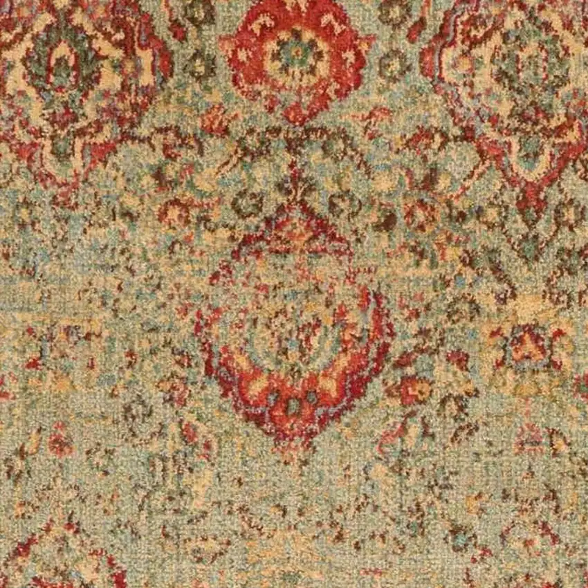8' Light Green Tan And Red Floral Distressed Non Skid Runner Rug Photo 6