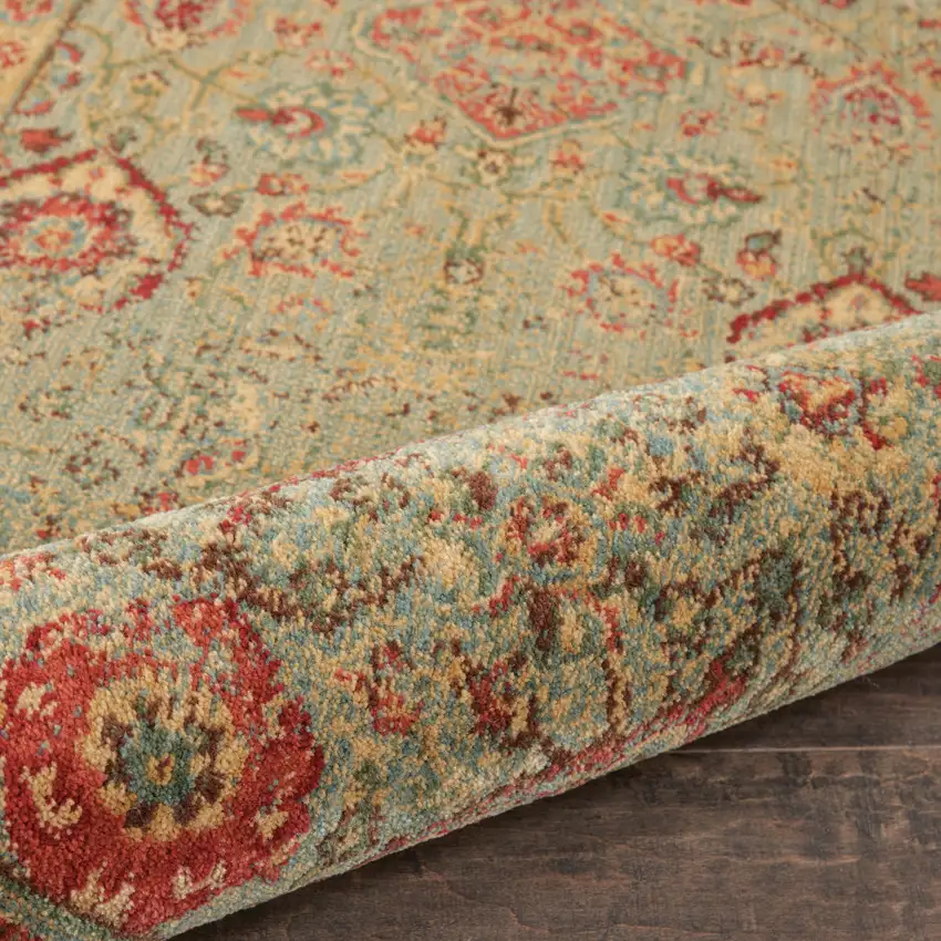 8' Light Green Tan And Red Floral Distressed Non Skid Runner Rug Photo 8