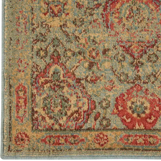 8' Light Green Tan And Red Floral Distressed Non Skid Runner Rug Photo 9