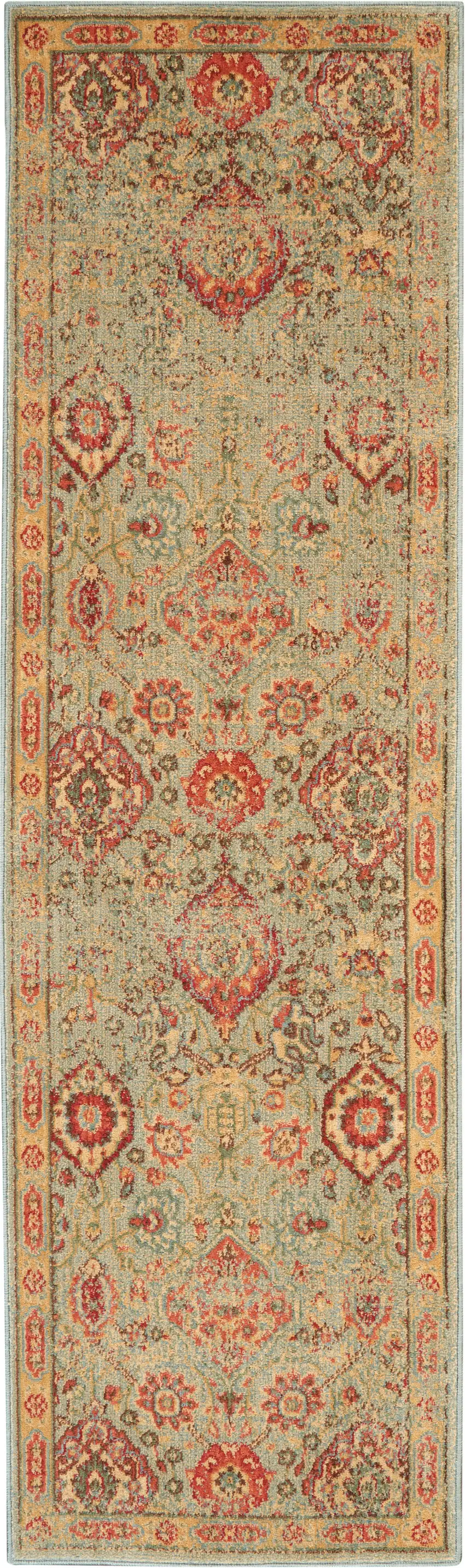 8' Light Green Tan And Red Floral Distressed Non Skid Runner Rug Photo 2