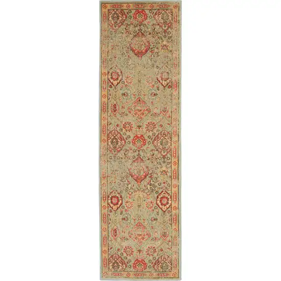 8' Light Green Tan And Red Floral Distressed Non Skid Runner Rug Photo 2