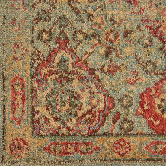 8' Light Green Tan And Red Floral Distressed Non Skid Runner Rug Photo 4