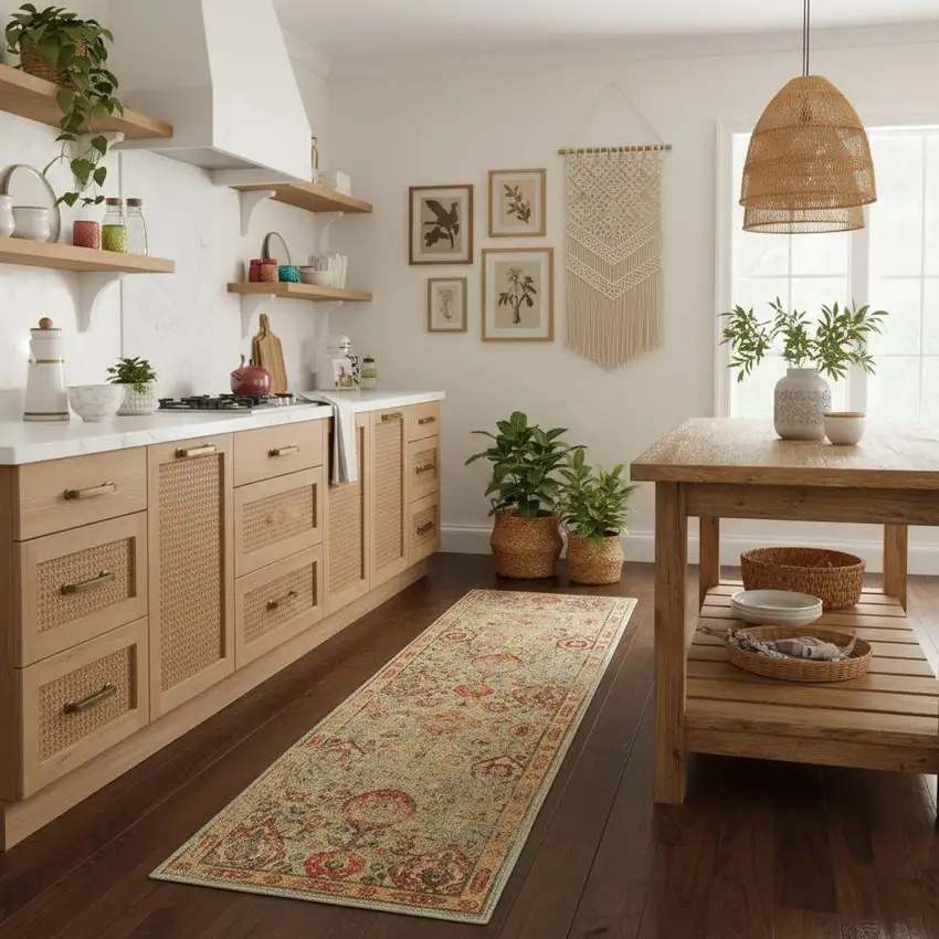 8' Light Green Tan And Red Floral Distressed Non Skid Runner Rug Photo 1