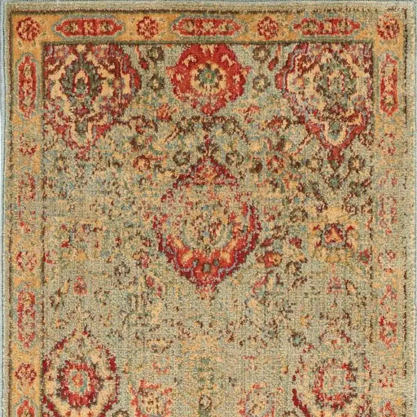 8' Light Green Tan And Red Floral Distressed Non Skid Runner Rug Photo 7