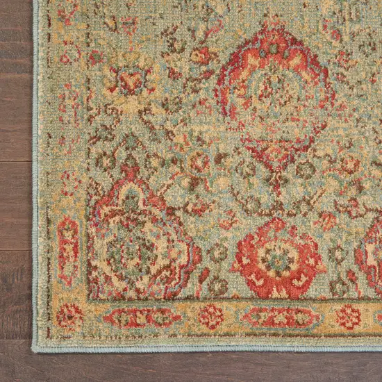8' Light Green Tan And Red Floral Distressed Non Skid Runner Rug Photo 9