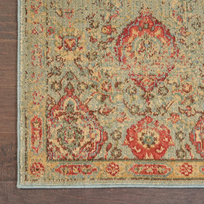 8' Light Green Tan And Red Floral Distressed Non Skid Runner Rug Photo 9