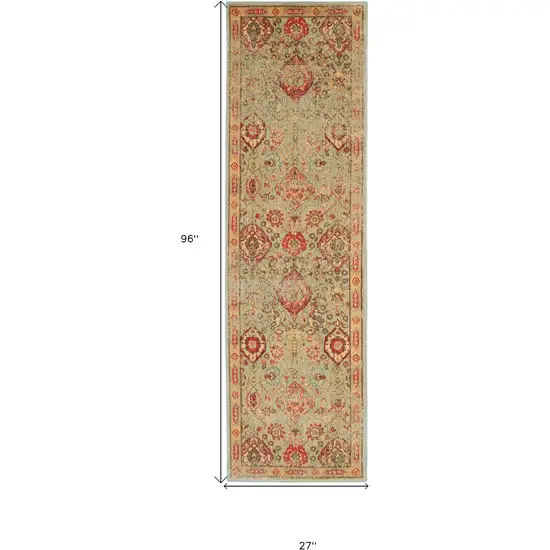 8' Light Green Tan And Red Floral Distressed Non Skid Runner Rug Photo 3
