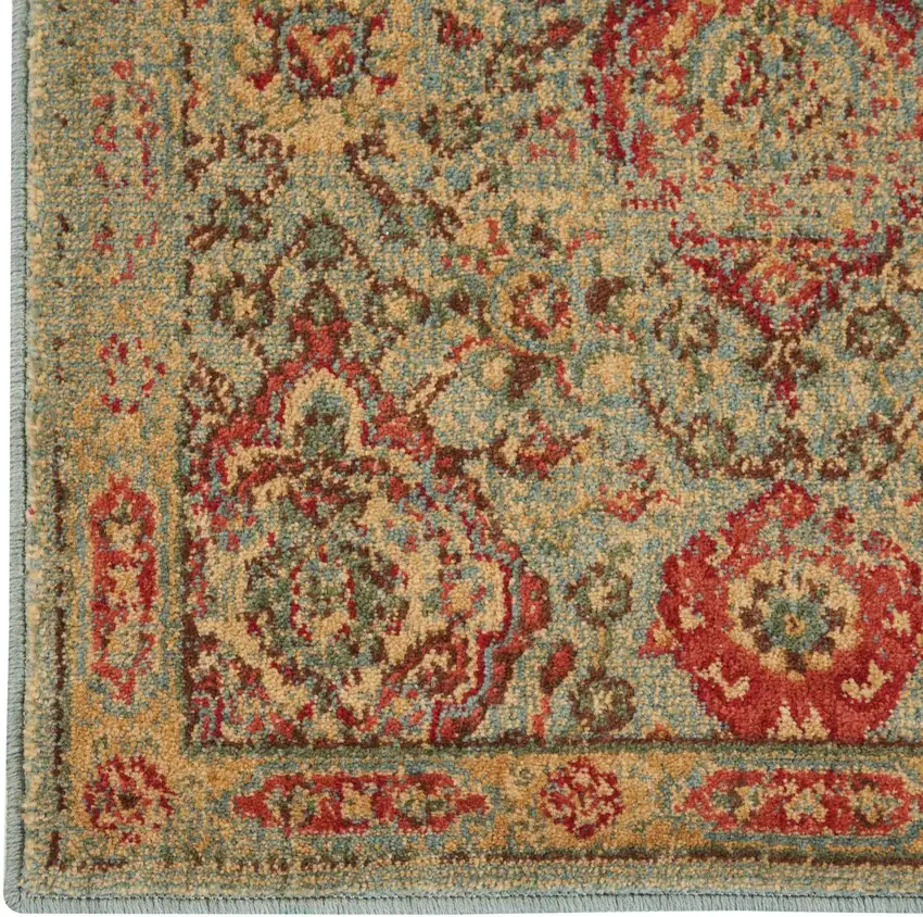6' Light Green Tan And Red Floral Distressed Non Skid Runner Rug Photo 8