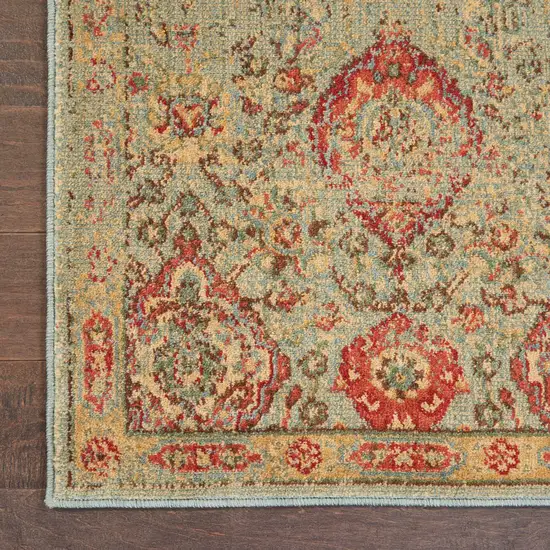 6' Light Green Tan And Red Floral Distressed Non Skid Runner Rug Photo 9