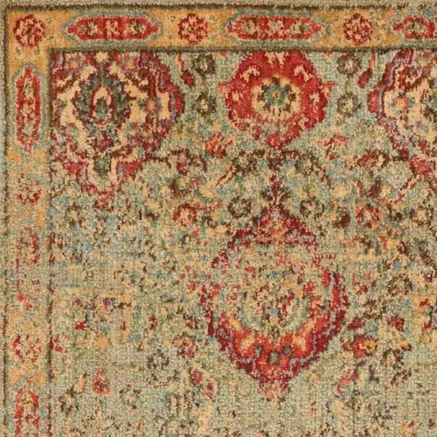 6' Light Green Tan And Red Floral Distressed Non Skid Runner Rug Photo 5