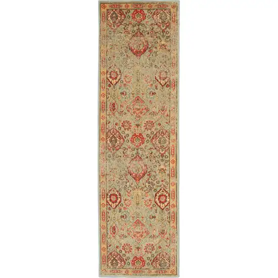 6' Light Green Tan And Red Floral Distressed Non Skid Runner Rug Photo 2