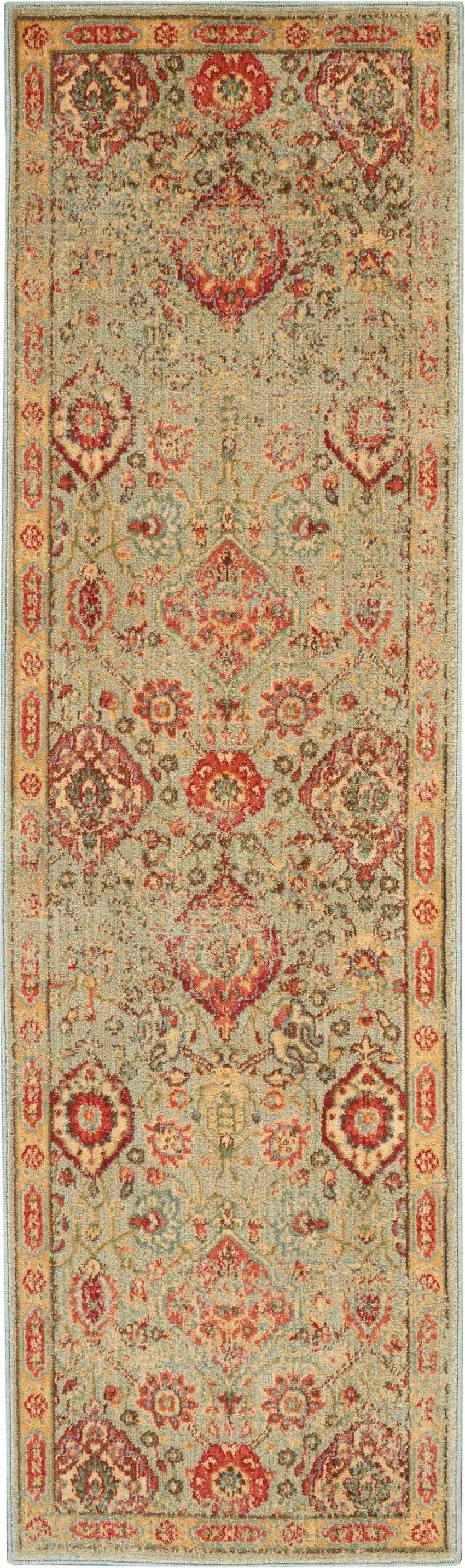6' Light Green Tan And Red Floral Distressed Non Skid Runner Rug Photo 2