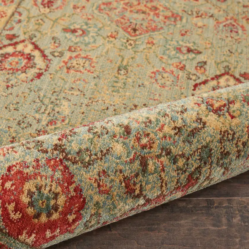 6' Light Green Tan And Red Floral Distressed Non Skid Runner Rug Photo 7