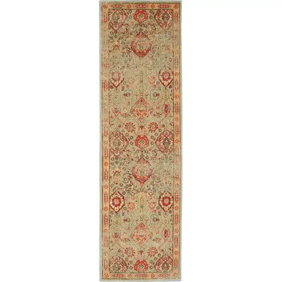 6' Light Green Tan And Red Floral Distressed Non Skid Runner Rug Photo 3