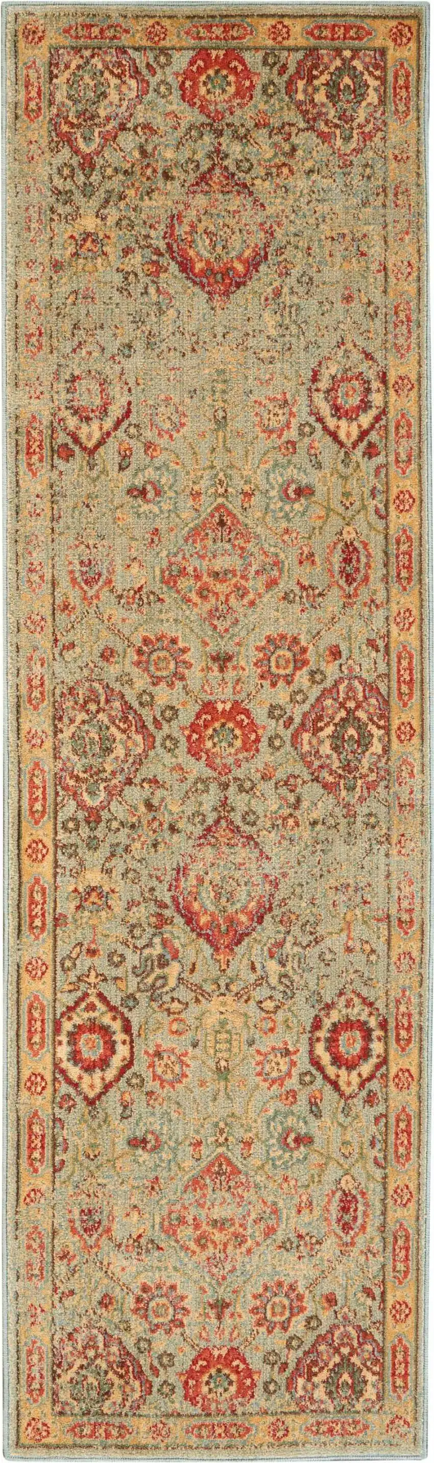 6' Light Green Tan And Red Floral Distressed Non Skid Runner Rug Photo 3