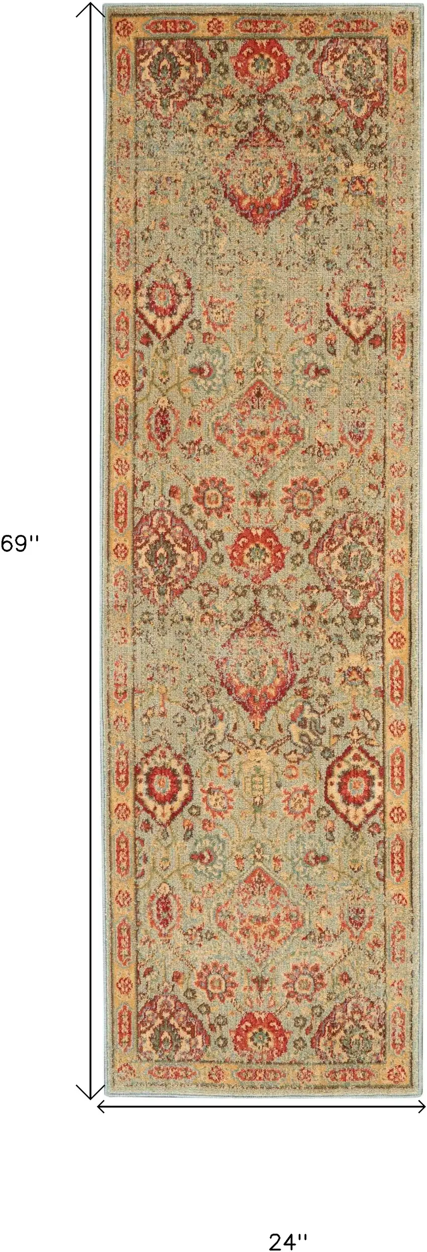 6' Light Green Tan And Red Floral Distressed Non Skid Runner Rug Photo 3