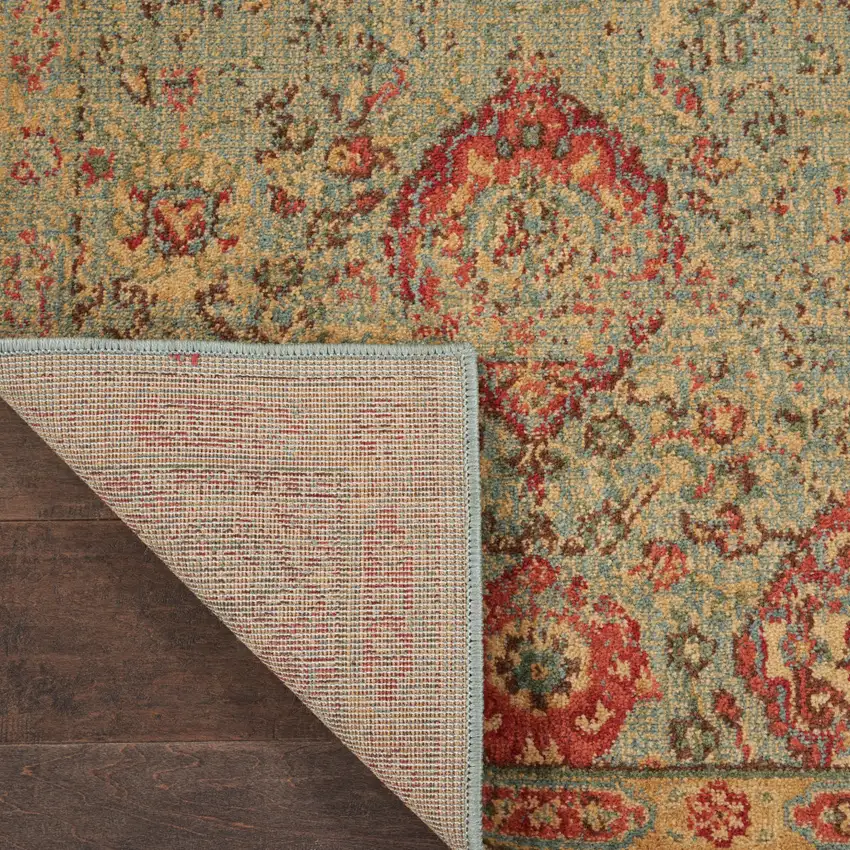 6' Light Green Tan And Red Floral Distressed Non Skid Runner Rug Photo 9