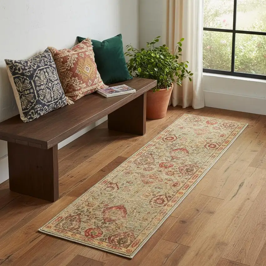 6' Light Green Tan And Red Floral Distressed Non Skid Runner Rug Photo 1