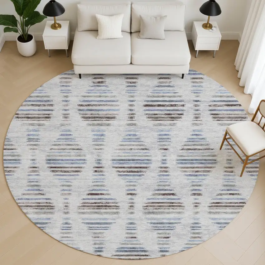 8' Light Taupe And Blue Striped Washable Round Rug With UV Protection Photo 5
