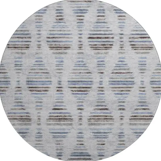 8' Light Taupe And Blue Striped Washable Round Rug With UV Protection Photo 4