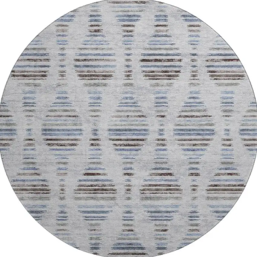 8' Light Taupe And Blue Striped Washable Round Rug With UV Protection Photo 4
