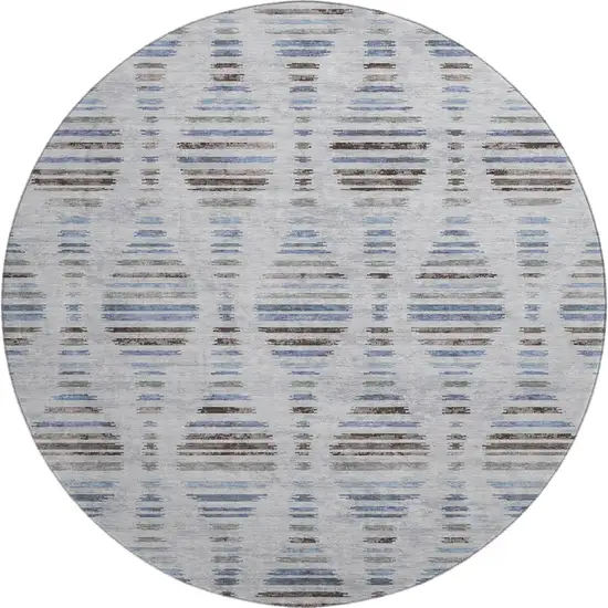 8' Light Taupe And Blue Striped Washable Round Rug With UV Protection Photo 1