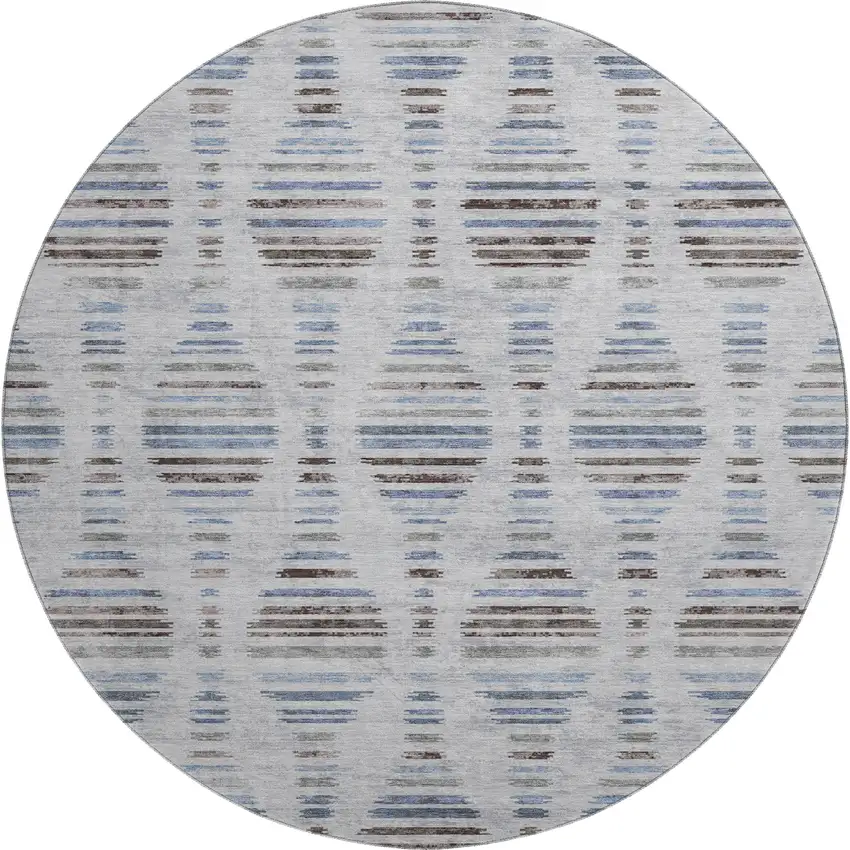 8' Light Taupe And Blue Striped Washable Round Rug With UV Protection Photo 1