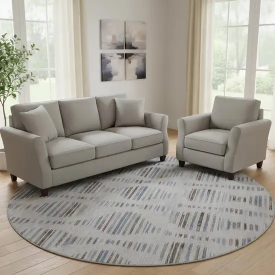 8' Light Taupe And Blue Striped Washable Round Rug With UV Protection Photo 2