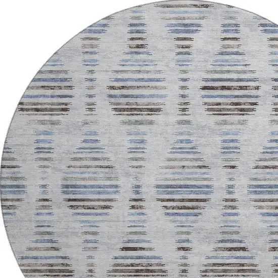 8' Light Taupe And Blue Striped Washable Round Rug With UV Protection Photo 3