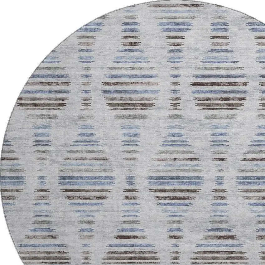 8' Light Taupe And Blue Striped Washable Round Rug With UV Protection Photo 3