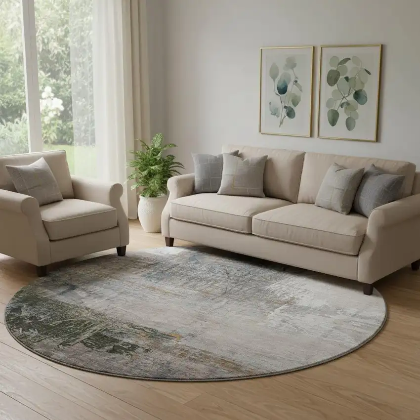 8' Light Taupe And Gray Abstract Washable Round Rug With UV Protection Photo 2