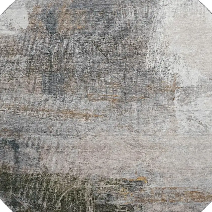 8' Light Taupe And Gray Abstract Washable Round Rug With UV Protection Photo 3