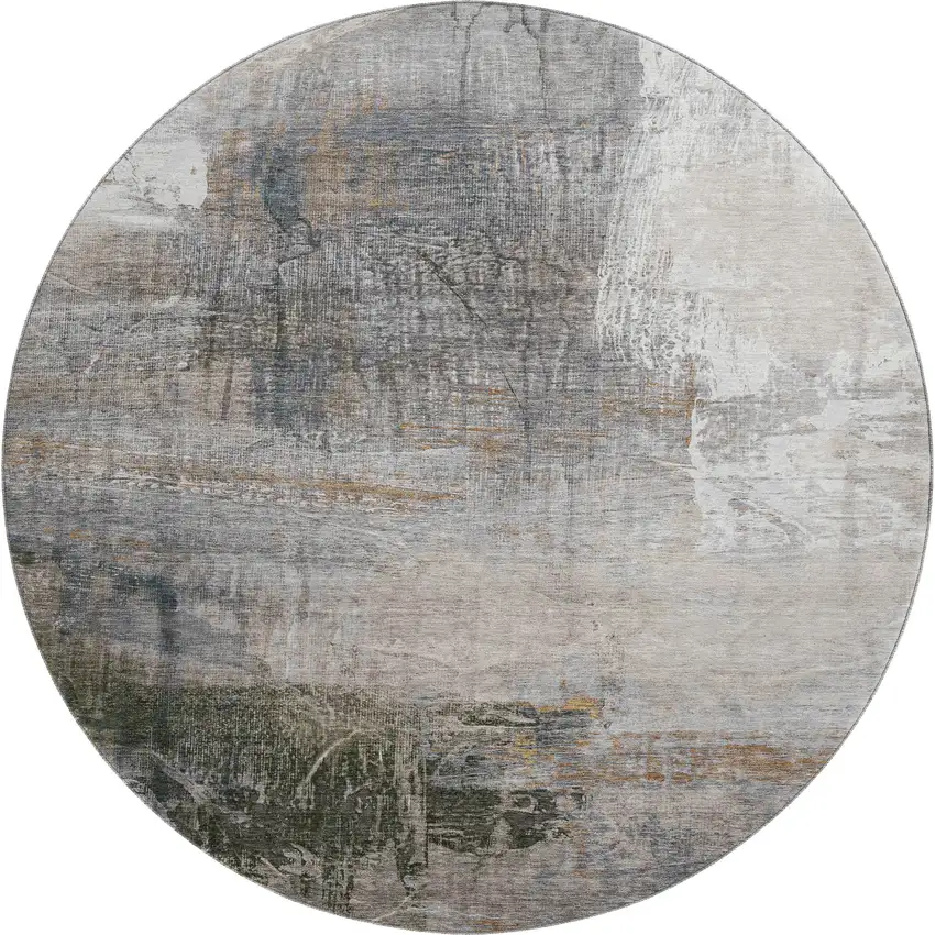 8' Light Taupe And Gray Abstract Washable Round Rug With UV Protection Photo 1