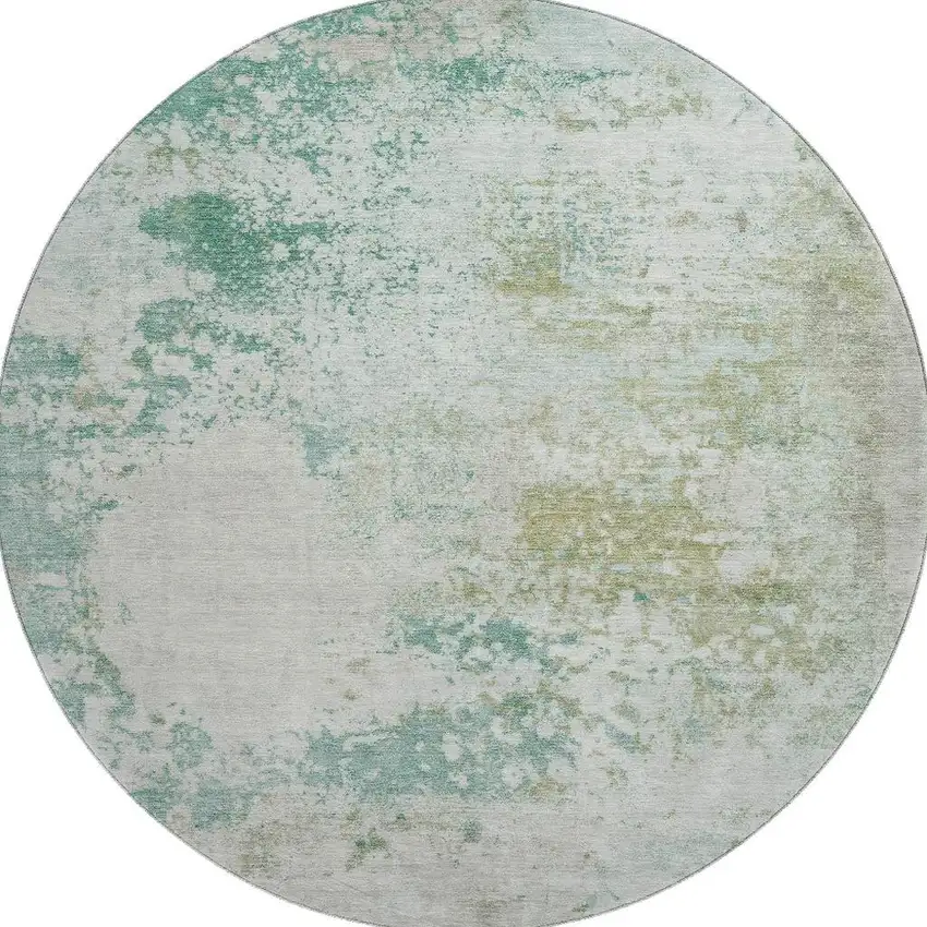 8' Light Taupe And Teal Abstract Washable Round Rug With UV Protection Photo 4